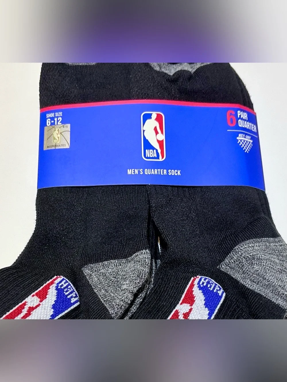 NBA Men's Quarter Crew Socks 6-Pack - Black & Gray